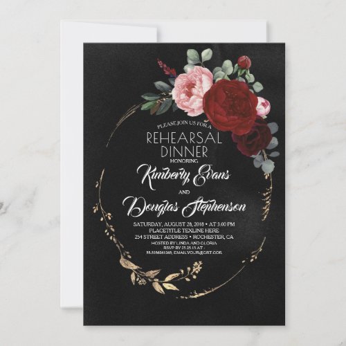 Black Burgundy Red Gold Floral Rehearsal Dinner Invitation