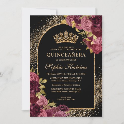 Black Burgundy Red Gold Glitter Floral Quinceanera Invitation