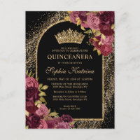 Black Burgundy Red Gold Glitter Floral Quinceanera