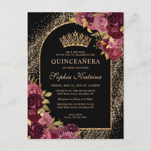 Black Burgundy Red Gold Glitter Floral Quinceanera Invitation Postcard