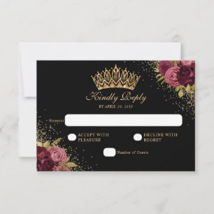 Black Burgundy Red Gold Glitter Floral Quinceanera RSVP Card