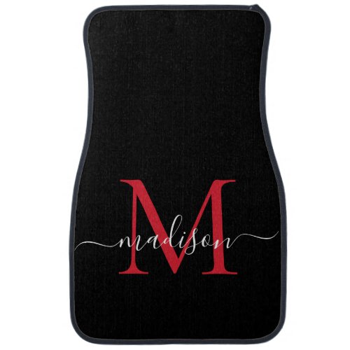 Black Burgundy Red Monogram Elegant Girly Script Car Floor Mat