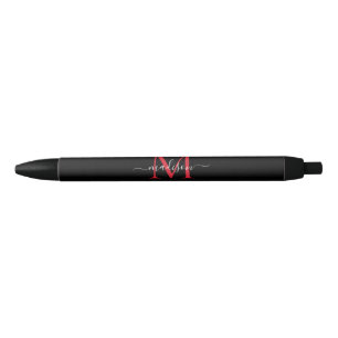 Black Burgundy Red Monogram Elegant Script Name Pen