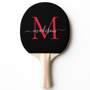 Black Burgundy Red Monogram Elegant Script Name Ping Pong Paddle
