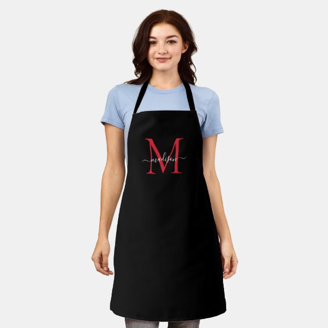 Black Burgundy Red Monogram Girly Feminine Script Apron (Worn)