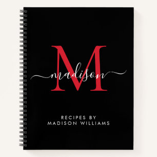 Black Burgundy Red Monogram Script Name Recipe Notebook