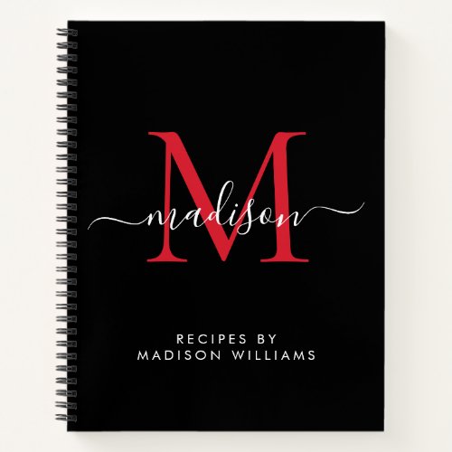 Black Burgundy Red Monogram Script Name Recipe Notebook