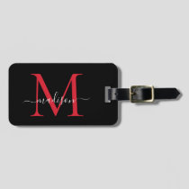 Black Burgundy Red Monogram Script Name Stylish Luggage Tag