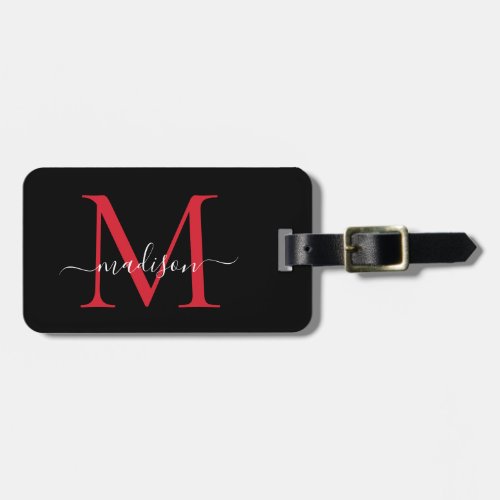 Black Burgundy Red Monogram Script Name Stylish Luggage Tag