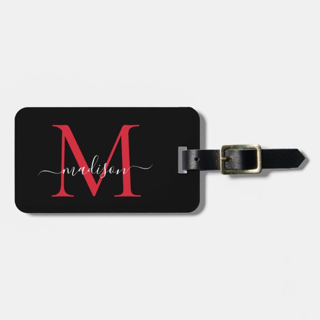 Black Burgundy Red Monogram Script Name Stylish Luggage Tag (Front Horizontal)