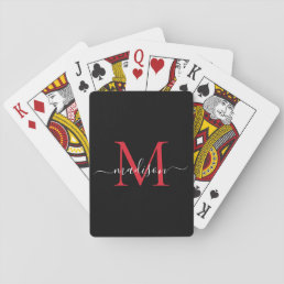 Black Burgundy Red Monogram Stylish Script Name Playing Cards