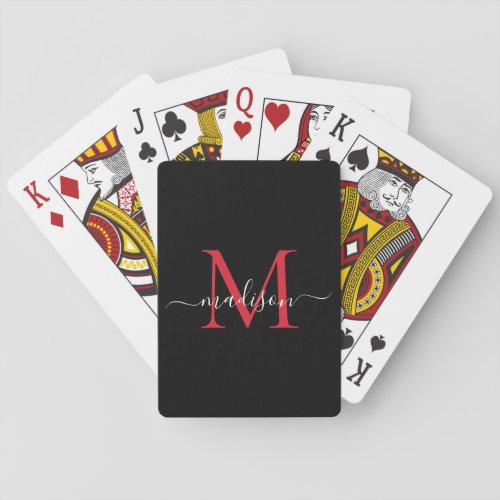 Black Burgundy Red Monogram Stylish Script Name Poker Cards