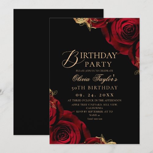 Black Burgundy Rose Floral 50th Birthday Invitation