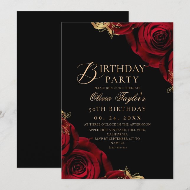 Black Burgundy Rose Floral 50th Birthday  Invitation (Front/Back)