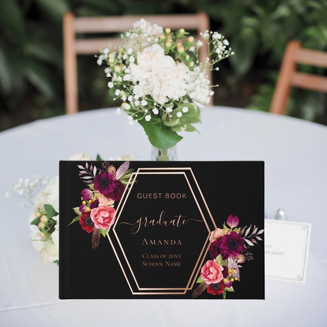 Black burgundy rose geometric floral Graduation Foil Guest Book (Creator Uploaded)