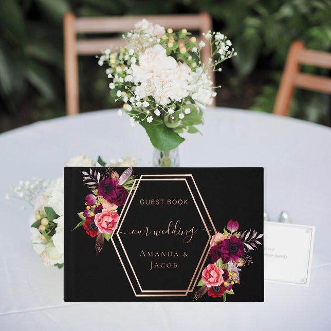 Black burgundy rose gold geometric floral wedding  foil guest book  (Creator Uploaded)