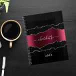 Black burgundy silver agate marble glitter 2024 planner<br><div class="desc">Black,  burgundy and faux silver,  agate,  marble stone print as background. Personalize and add your name and a year. The name is written with a modern hand lettered style script.</div>