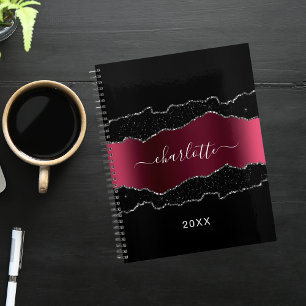 Black burgundy silver agate marble glitter 2026 planner