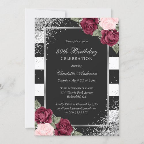 Black Burgundy Silver Floral 30th Birthday Invitation