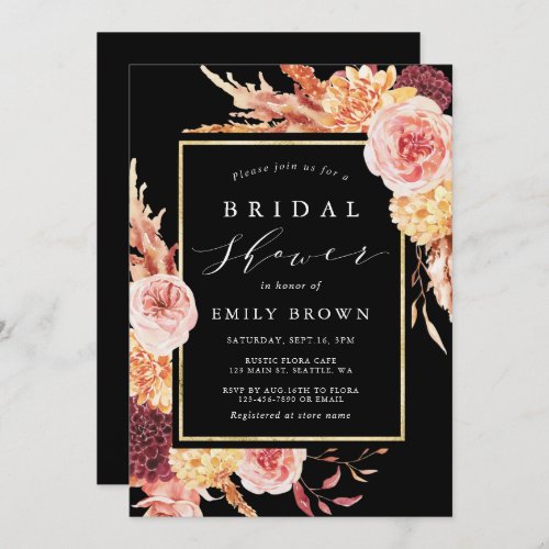 Black Burgundy Terracotta Floral Bridal Shower  Invitation