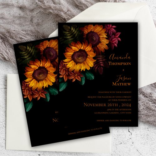 Black Burnt Orange Floral Wedding Invitation Postcard