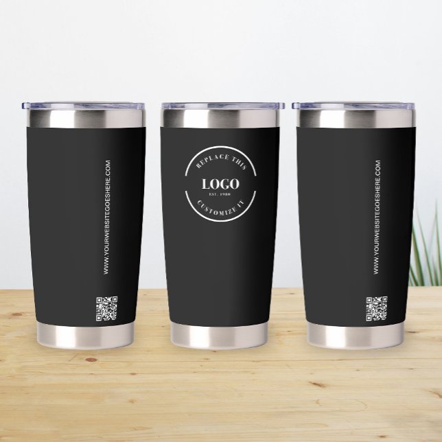 Black Business logo Custom QR code website  Insulated Tumbler (Black Customizable Insulated thermal travel mug white business logo, website and QR code. )