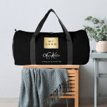 Black business logo name monogram duffle bag<br><div class="desc">Black background,  white and gray text. Personalize and add your business logo,  first name,  monogram initials and full name.</div>