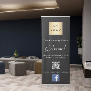 Black business logo opening hours QR Facebook Retractable Banner