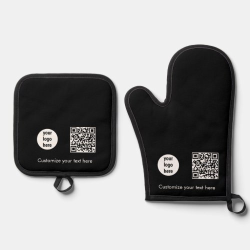 Black Business Logo Promotional QR Code Text  Oven Mitt  Pot Holder Set