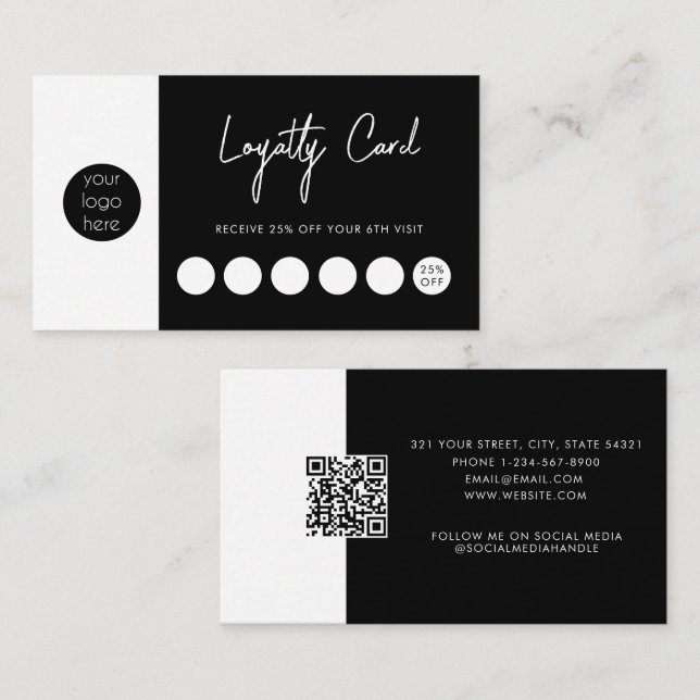 Black Business Logo QR Code Loyalty  Business Card (Front/Back)