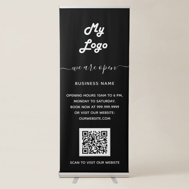 Black business logo qr code opening hours retractable banner (Front)
