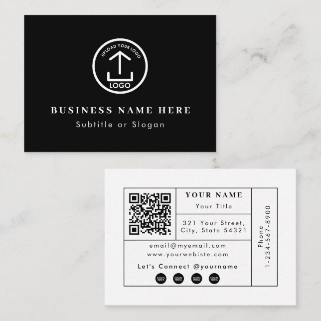 Black Business Logo QR Code Social Media Contact Business Card (Front/Back)