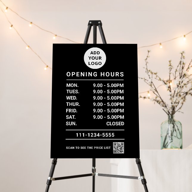 Black Business Opening Hours logo and qr code Foam Board (In Situ (Stand))