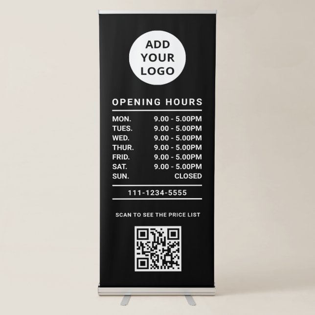 Black Business Opening Hours logo and qr code Retractable Banner (Front)