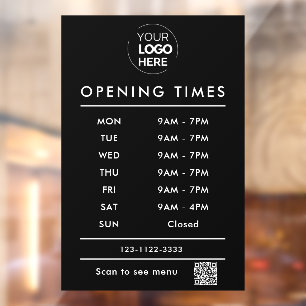 Black Business opening hours logo and qr code Window Cling
