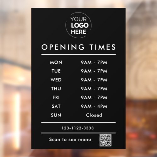 Black Business opening hours logo and qr code Window Cling