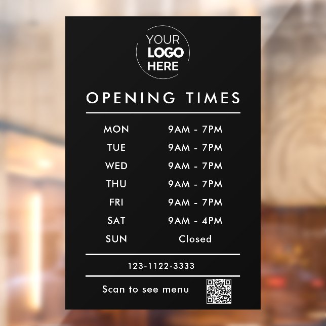 Black Business opening hours logo and qr code Window Cling (Sheet 2)