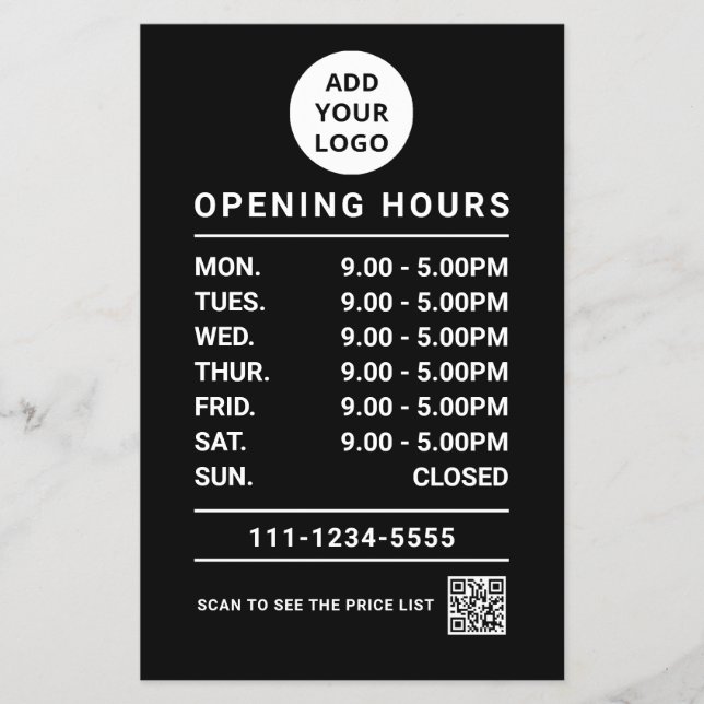 Black Business Opening Hours logo qr code Flyer (Front)