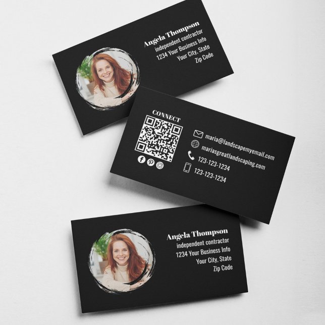Black Business Photo QR Code Social Media Card (Black photo and QR code template business cards. )