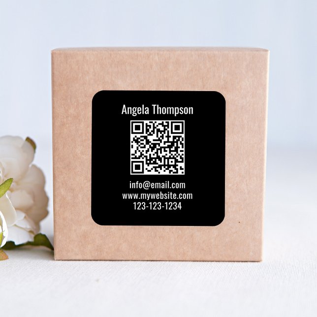 Black Business QR Code Custom Square Sticker (Basic Black and white product sticker with scannable QR code template.)