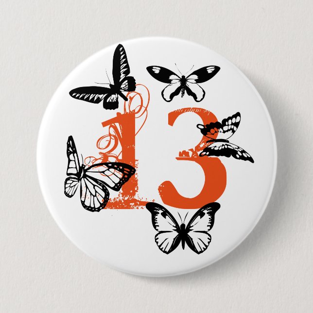 Black butterflies on orange '13' button. pinback button (Front)