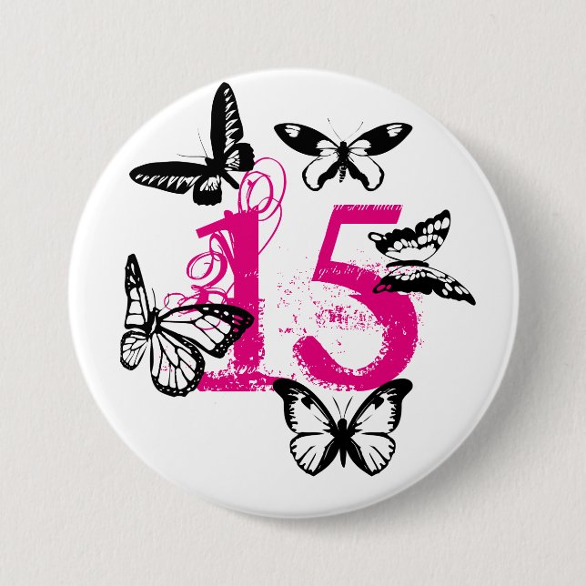 Black butterflies on pink '15' button. pinback button (Front)