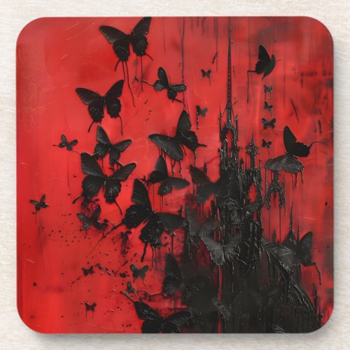 Black Butterflies on Red Crimson Sky Abstact Art Beverage Coaster