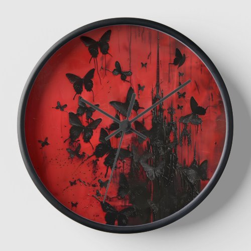 Black Butterflies on Red Crimson Sky Abstact Art  Clock