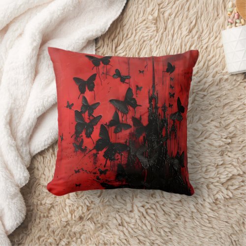 Black Butterflies on Red Crimson Sky Abstact Art  Throw Pillow