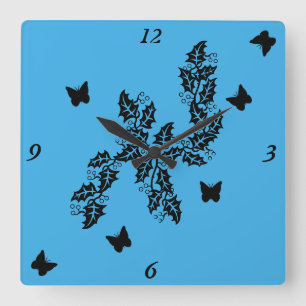 Black Butterfly and Ivy Leaves on Blue Square Wall Clock