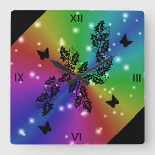 black Butterfly and stars on Rainbow Square Wall Clock