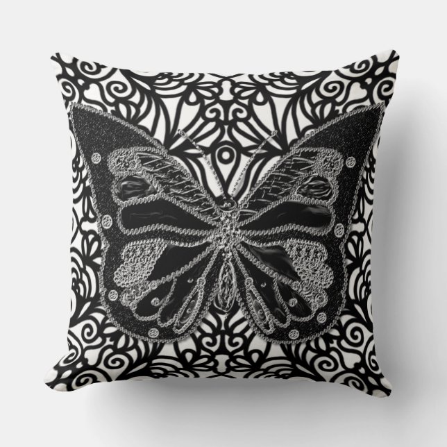 Black Butterfly Black & White Swirls Pillow (Front)