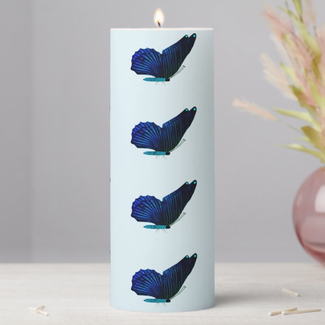 Black Butterfly Blue Pillar Candle (In Situ)
