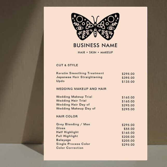Black Butterfly Blush Pink Beauty Salon Price List Foam Board (Creator Uploaded)